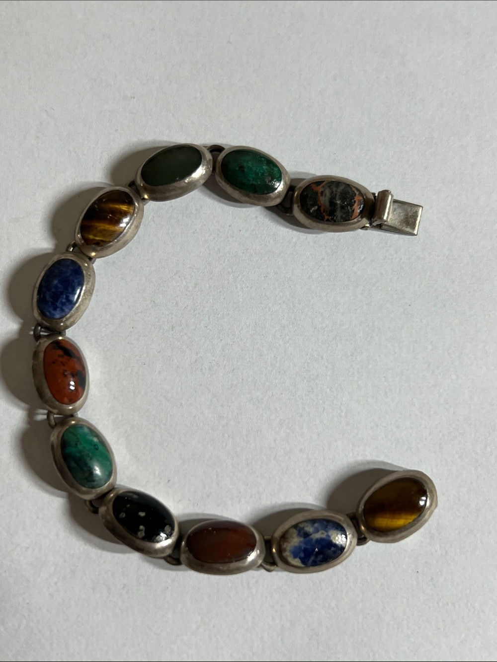 Sterling Silver Multi-Stone Link Bracelet with Blue, Brown, Green Accents